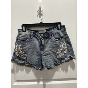 Free People Distressed Raw Hem Embroidered Tribal Aztec Boho Denim Shorts Sz 26